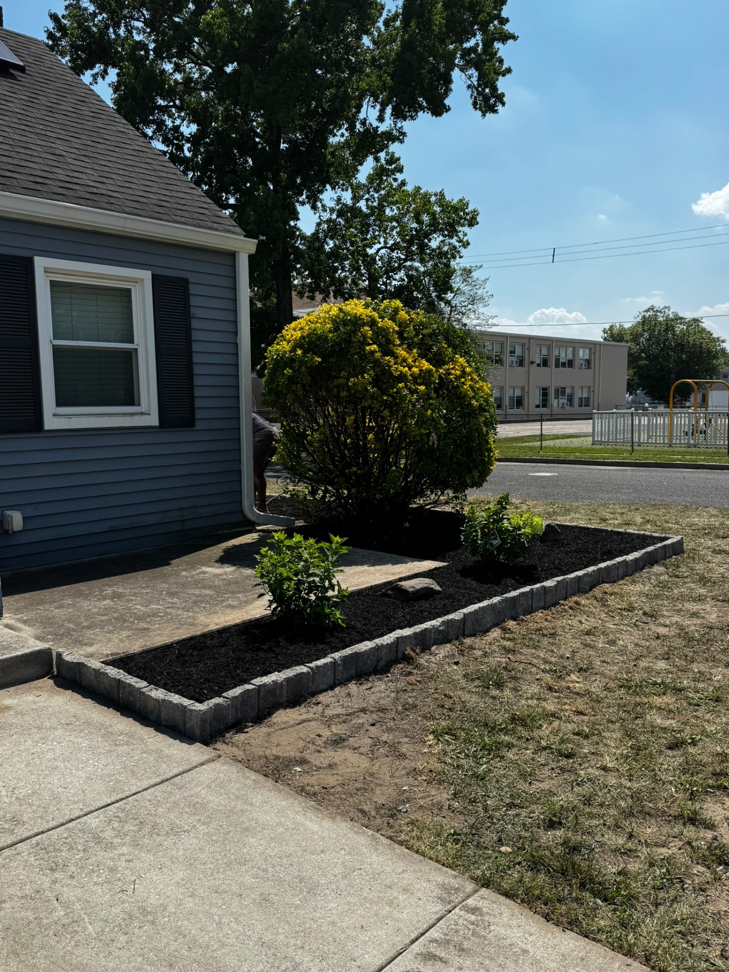 New mulch bed with plants and edgestone border at a Lindenwold home